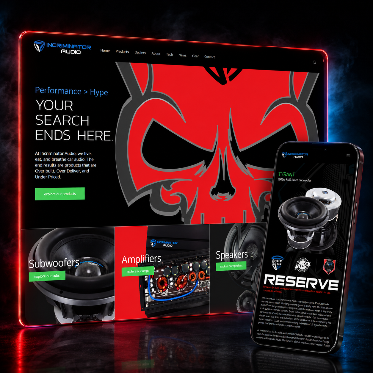 Incriminator Audio e-commerce homepage designed by LaFountain Design