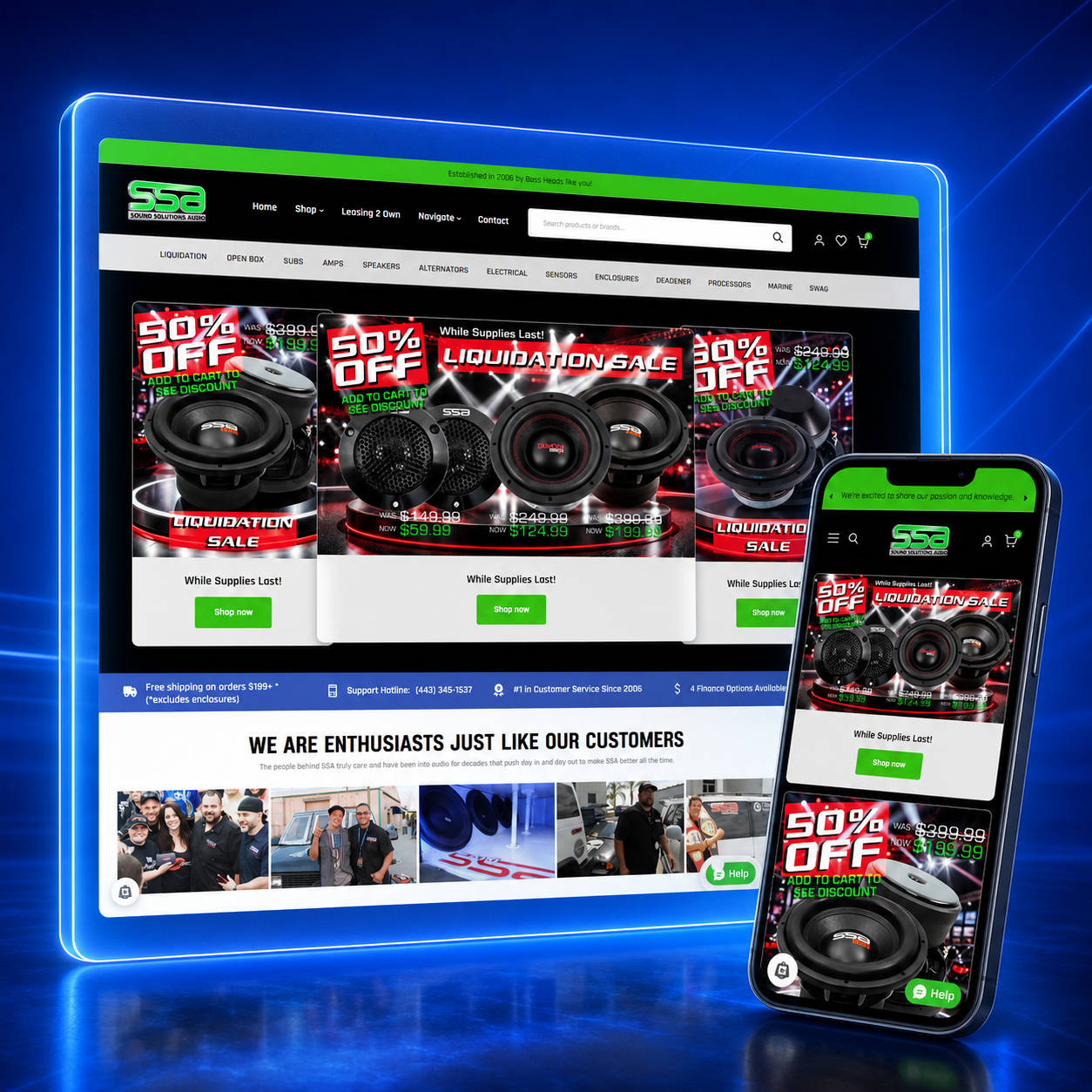 Sound Solutions Audio e-commerce homepage designed by LaFountain Design